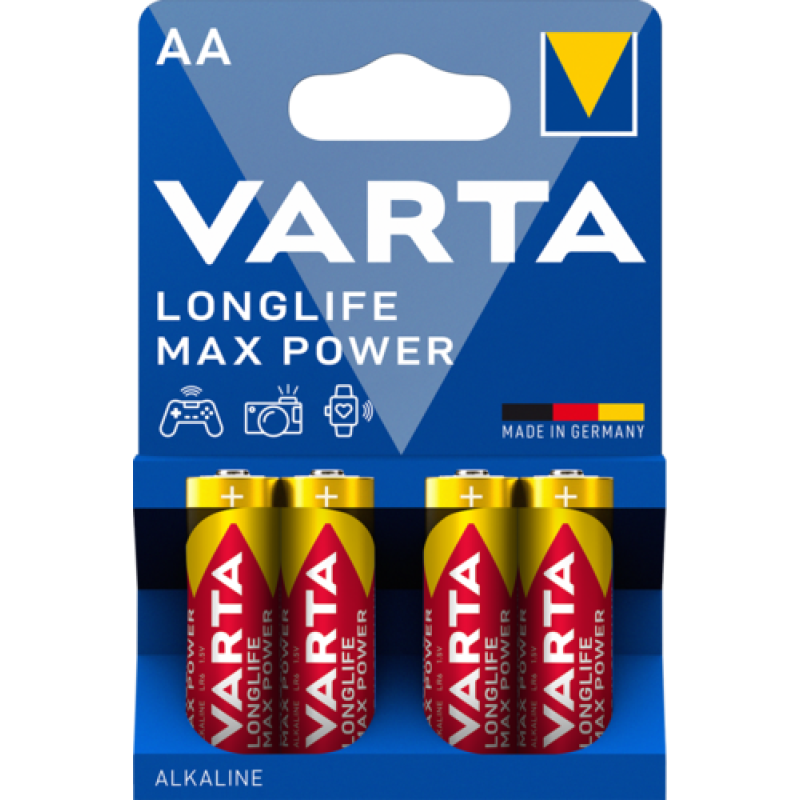 Батарейка Varta Longlife Max Power, Alkaline LR6 (АА), лужна, 4 шт., 25 грн/шт.