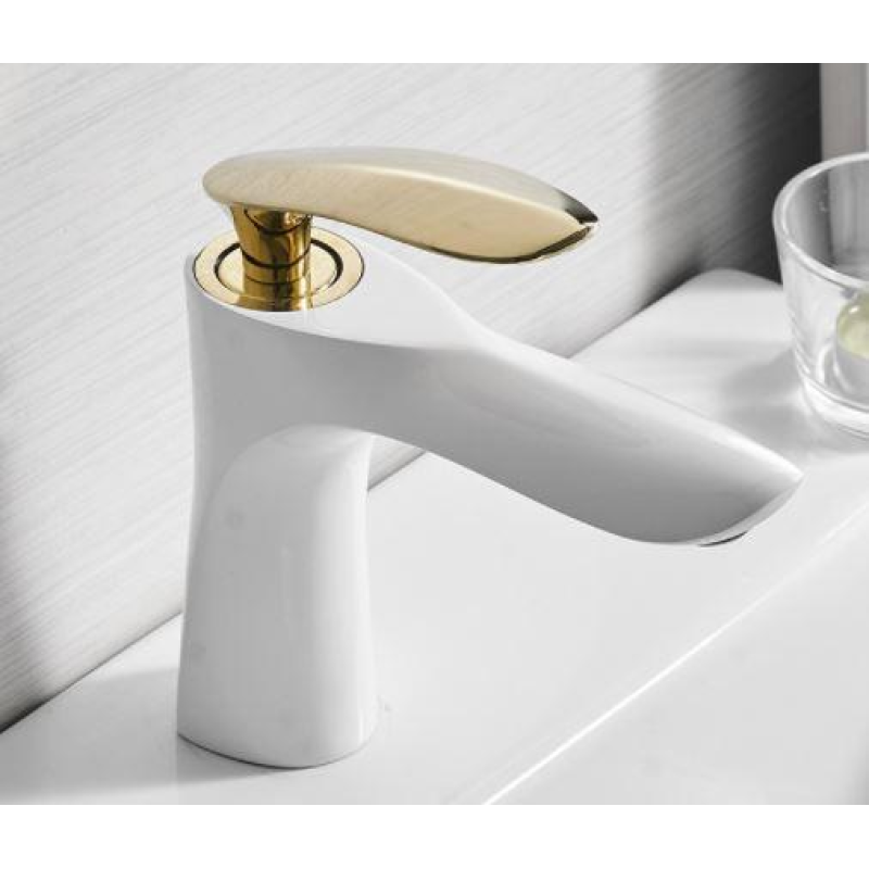 Змішувач для умивальника одноважільний кран горизонтальний монтаж WanFan для ванни Білий-золото