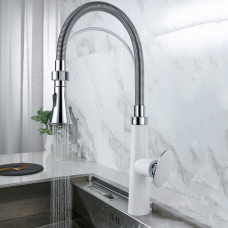 Змішувач кухонний висувний злив кран два режими води обертається на 360 градусів WanFan Білий Хром з Білим