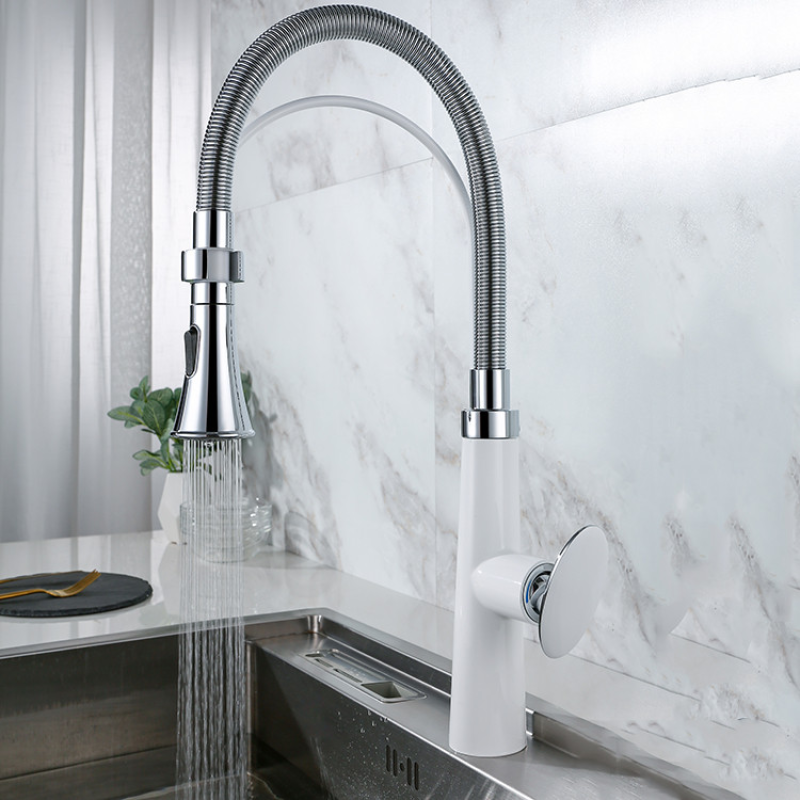 Змішувач кухонний висувний злив кран два режими води обертається на 360 градусів WanFan Білий Хром з Білим