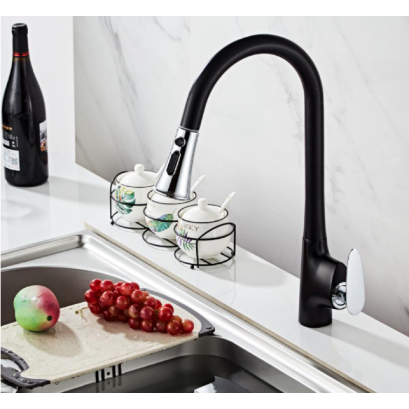 Змішувач кухонний висувний злив кран два режими води обертається на 360 градусів WanFan Чорний Хромований