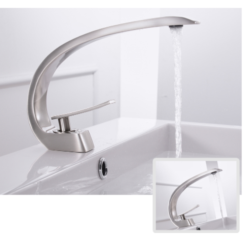 Змішувач для раковини стаціонарний одноважільний вигнутий кран горизонтальний монтаж WanFan Нікель