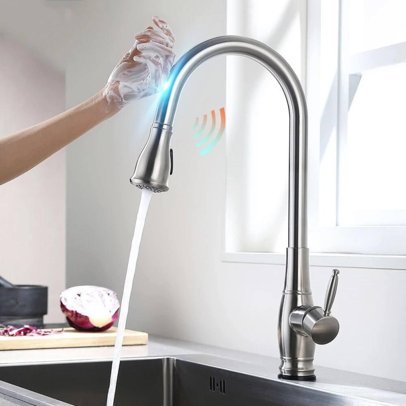 Змішувач сенсорний для раковини висувний злив кран два режими води обертається на 360 градусів WanFan Нікель
