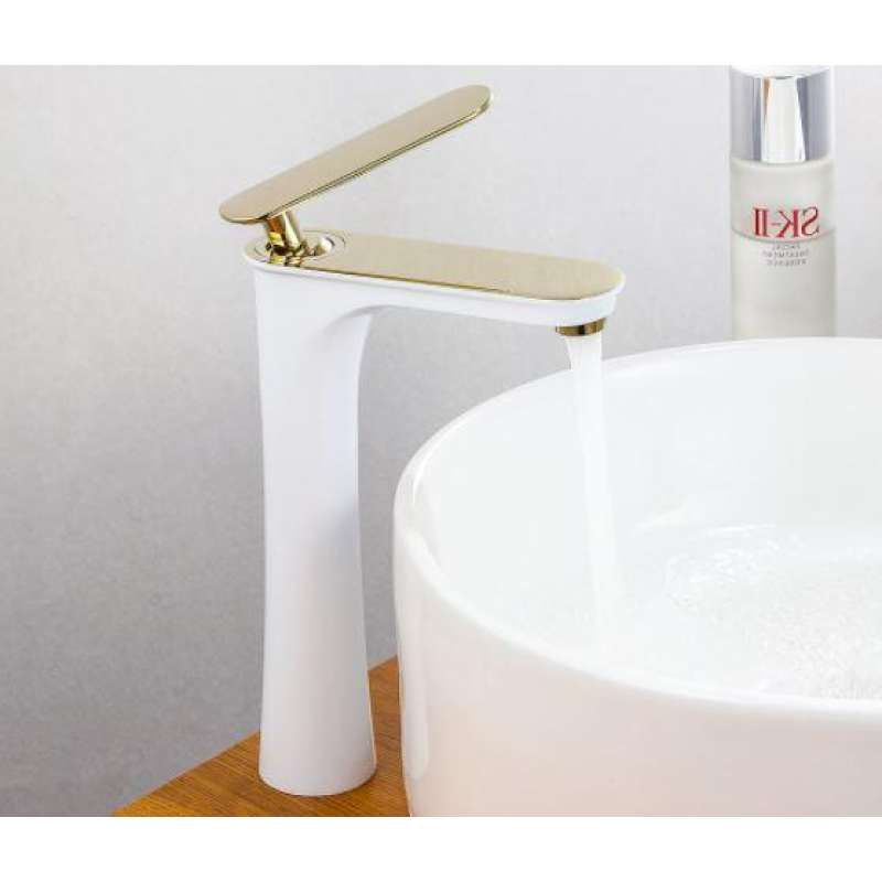 Змішувач латунний дизайнерський для раковини, одноважільний кран WanFan Білий + Золото