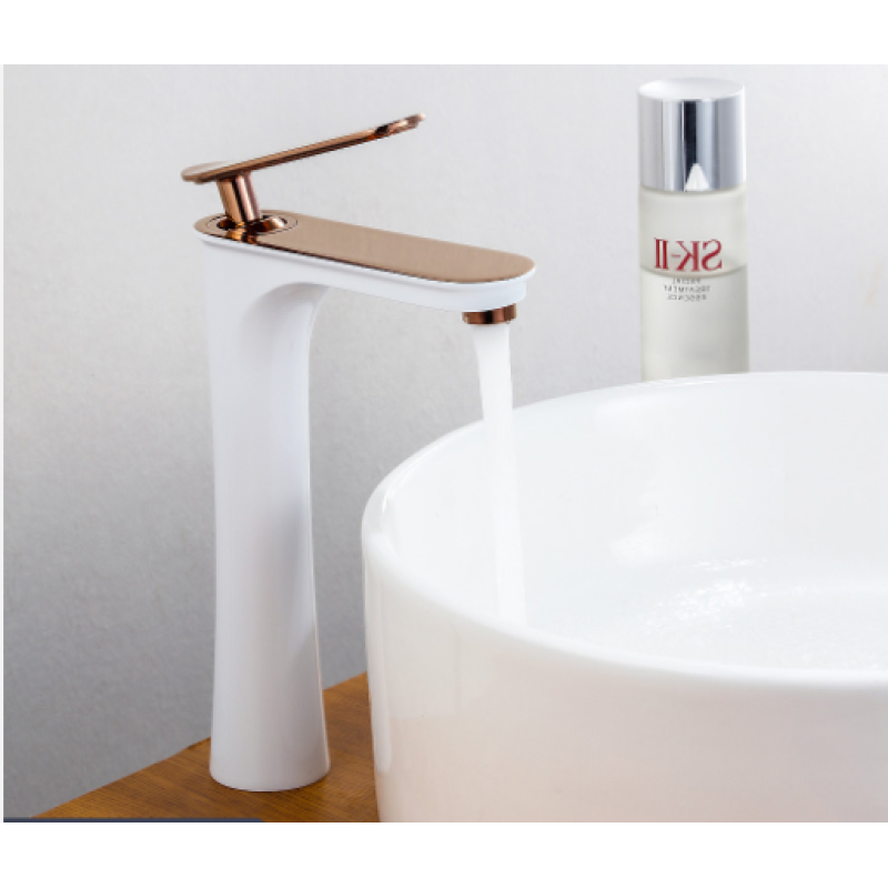 Змішувач для раковини з однією ручкою латунний, одноважільний, сучасний кран WanFan Білий з Рожевим Золотом
