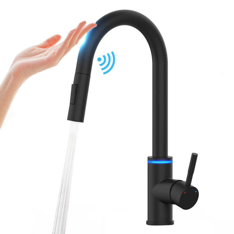 Розумний сенсорний кухонний кран WanFan зі світлодіодними та висувним змішувачем, матовий чорний