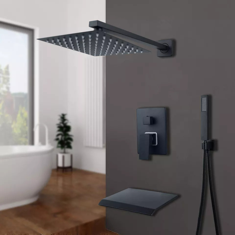 Душ для душової кабіни прихованого монтажу настінний 2 в 1: душ-водоспад та класична лійка Чорний