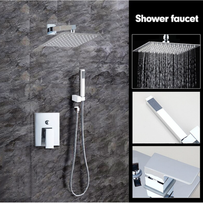 Душовий настінний гарнітур вбудований 2в1, змішувач у ванну прихованого монтажу, квадратний душ водоспад Хром