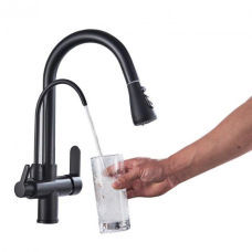 Змішувач для кухні латунний із підключенням до фільтру, кран кухонний із висувним шлангом WanFan Чорний