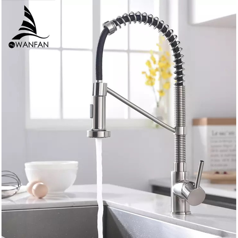 Кухонний змішувач з висувним зливом, одноважільний кран для раковини на два режими води WanFan Чорний-Хром