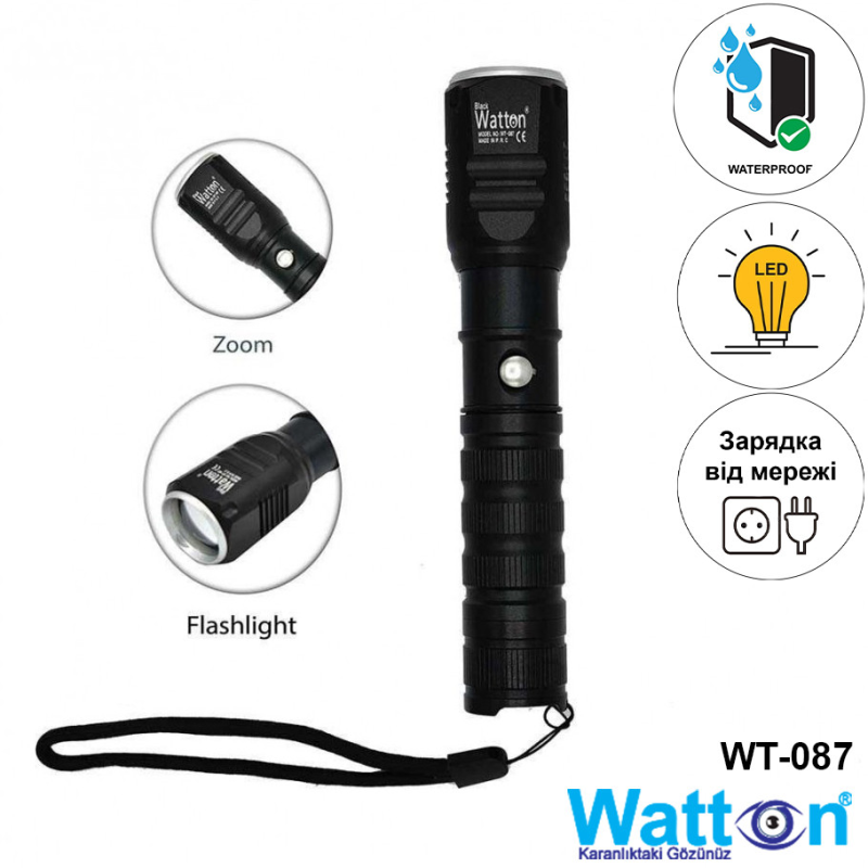 Тактичний акумуляторний світлодіодний ліхтар Watton WT-087, ручний ліхтарик в алюмінієвому корпусі