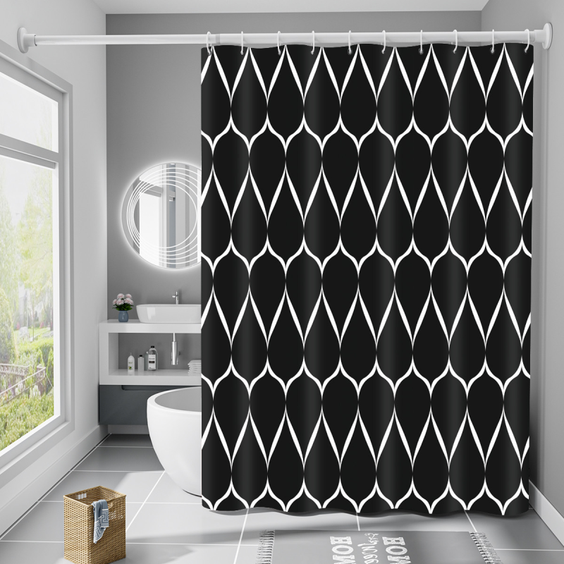 Шторка для ванни водонепроникна Bathlux 180x180 см з гачками, фіранка для ванної, Чорна з малюнком