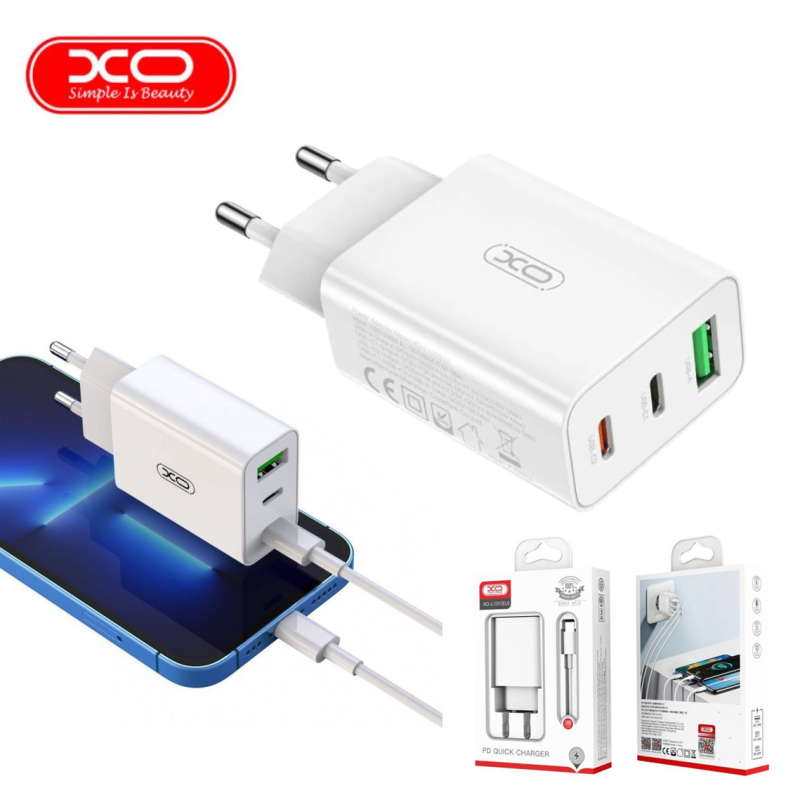 Мережевий зарядний пристрій з кабелем XO L101 PD + QC3.0 1USB/2Type-C/20W + Type-C - Type-C Білий