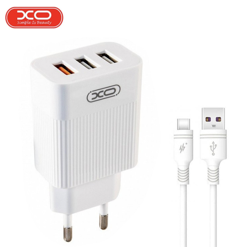 Мережевий зарядний пристрій XO L72 QC3.0 3USB/3A з кабелем USB - Type-C Білий