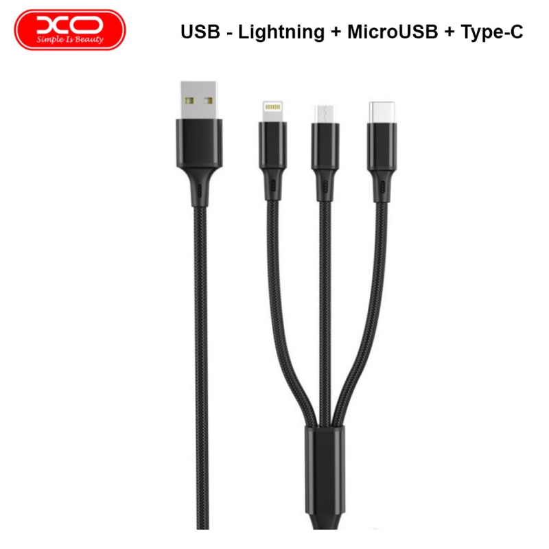 Кабель USB  універсальний 3в1 XO NB173 USB - Lightning + MicroUSB + Type-C 1.2М Чорний
