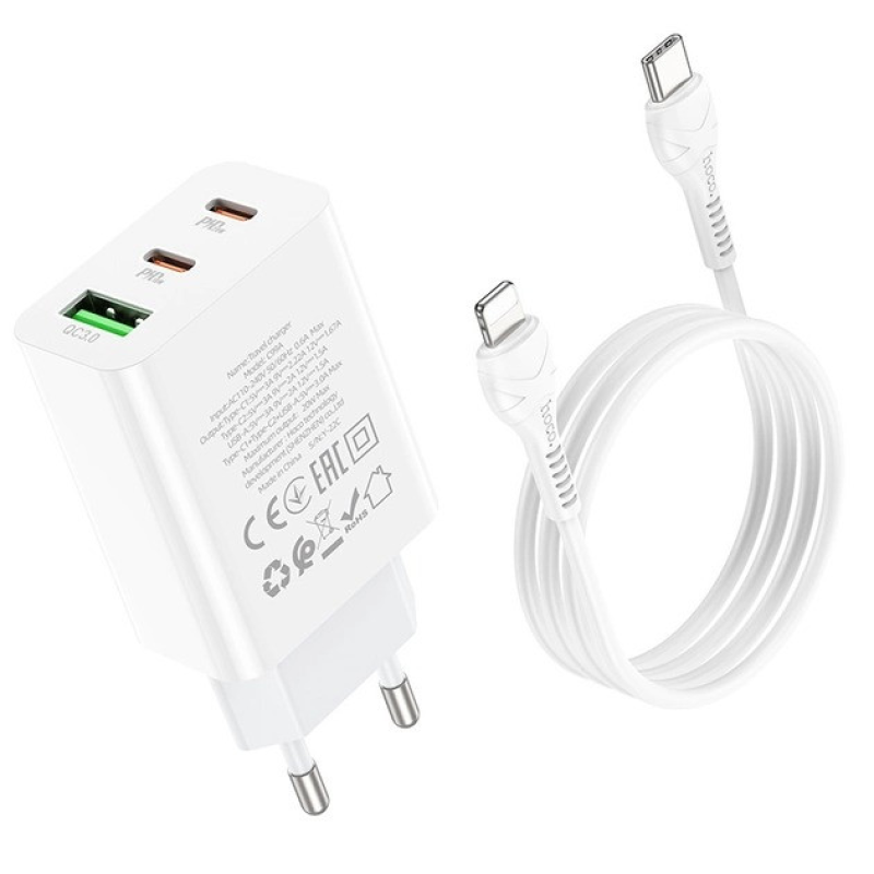 СЗУ зарядний пристрій HOCO C99A PD20W QC3.0 1USB/2Type-C/3A з кабелем для заряджання Type-C - Lightning Білий