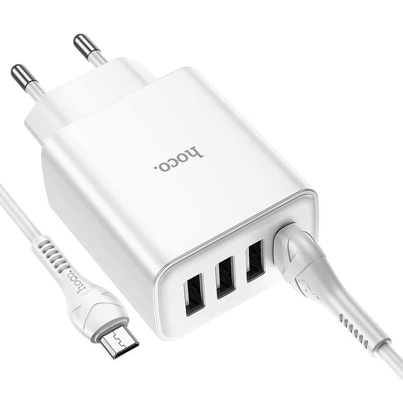 СЗУ зарядний пристрій HOCO C102A 4USB/2,1A з кабелем для заряджання USB - MicroUSB, Білий