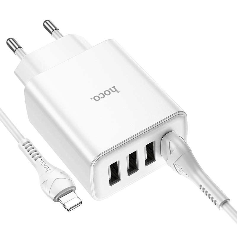 СЗУ зарядний пристрій HOCO C102A 4USB/2,1A з кабелем для заряджання USB - Lightning, Білий
