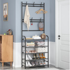 Поличка з вішаком для передпокою 25х60х150, Органайзер для взуття та одягу з 4 полицями, Чорного кольору