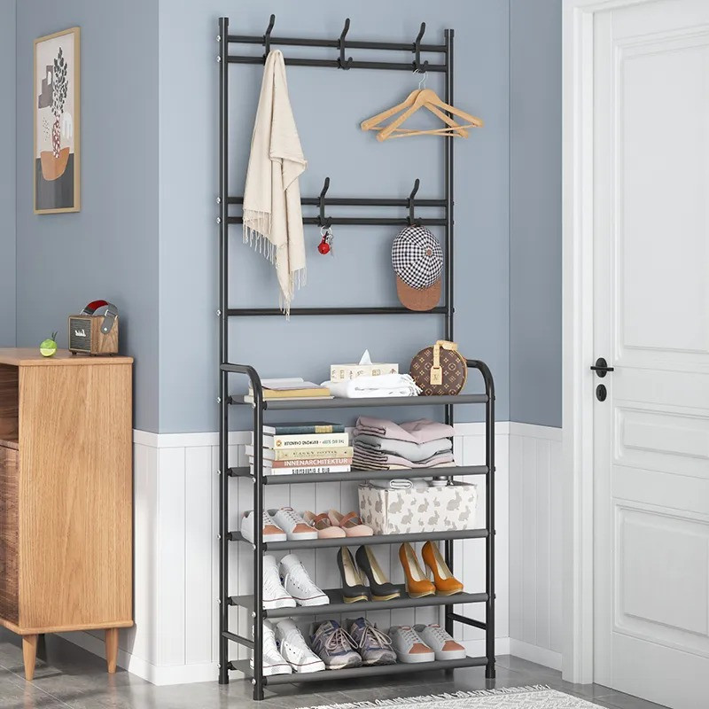 Поличка з вішаком для передпокою 25х60х150, Органайзер для взуття та одягу з 4 полицями, Чорного кольору