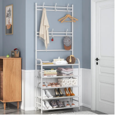 Поличка з вішаком для передпокою 25х60х150, Органайзер для взуття та одягу з 4 полицями, Білого кольору