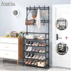 Поличка з вішаком для передпокою 25х60х150, Органайзер для взуття та одягу з 6 полицями, Чорного кольору