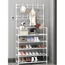Поличка з вішаком для передпокою 25х60х150, Органайзер для взуття та одягу з 6 полицями, Білого кольору