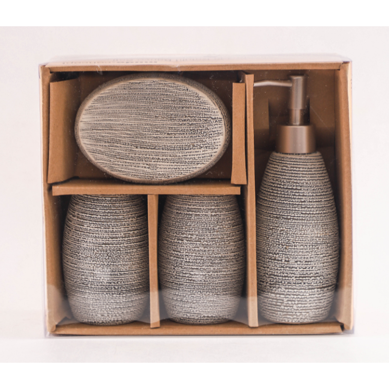 Дозатор, мильниця та стакани, Набір кераміних аксесуарів для ванної кімнати, Бежевий (текстура)