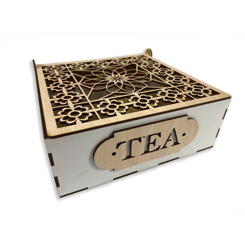 Коробка-органайзер для чаю TEA з натурального дерева з різьбленням та перфорацією 22х22,5х7,5 см