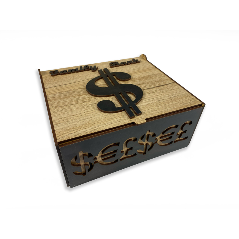 Коробка-органайзер для грошей FAMILY BANK з натурального дерева з різьбленням та перфорацією, скарбничка 19x20x8,5 см