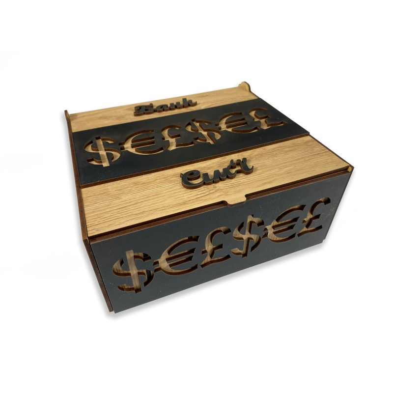 Коробка-органайзер для грошей БАНК СІМ“Ї з натурального дерева з різьбленням та перфорацією, скарбничка 20x18,5x8,5 см