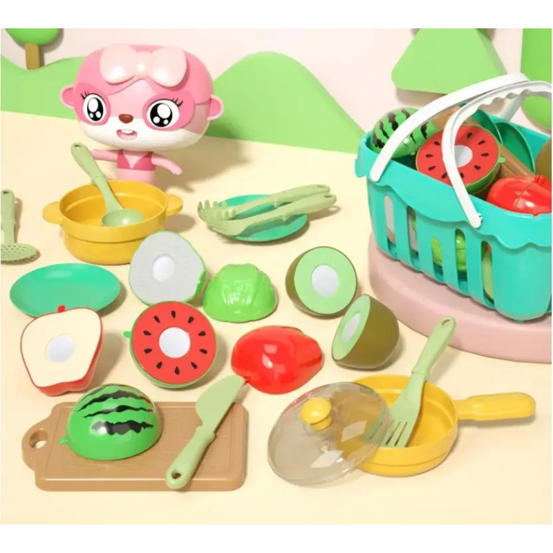 Набір фруктів пластикових для дітей, набір юних кулінарів + кошик і столові прилади, 17 предметів