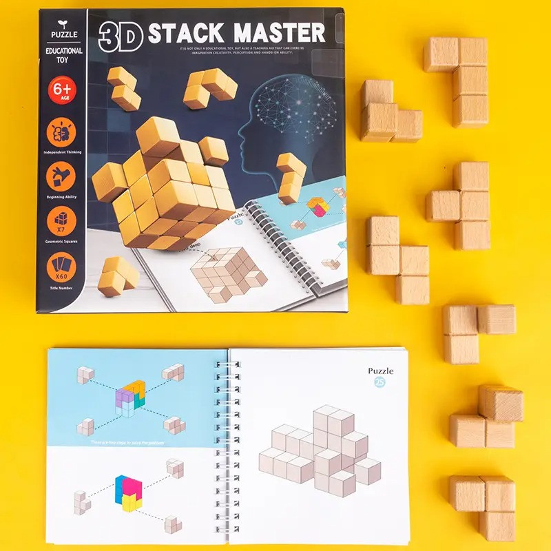 Деревʼяний конструктор Монтесорі куб на 7 елементів та 60 карточок з логічними завданнями