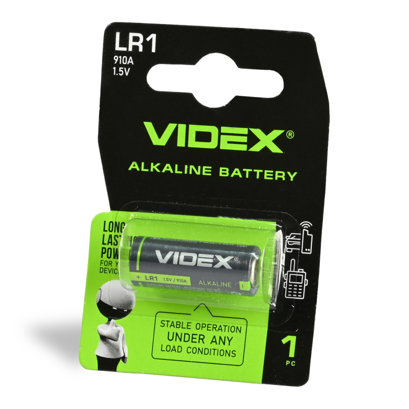 Батарейка VIDEX LR1 alkaline (910A), лужна, 1,5V, 1 шт., НОВИЙ ДИЗАЙН