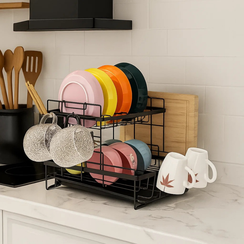 Дворівневий стелаж для сушіння посуду та зберігання кухонних аксесуарів