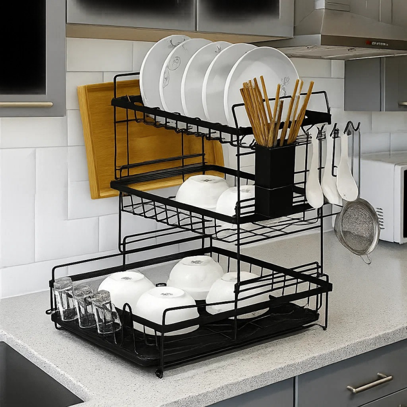 Сушарка для посуду і кухонного приладдя: столових приборів, посуду, триярусний органайзер на кухню
