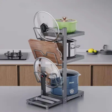 Полиця-підставка для каструль на 3 полиці двостороння з 3 тримачами для кришок з вуглецевої сталі, сіра