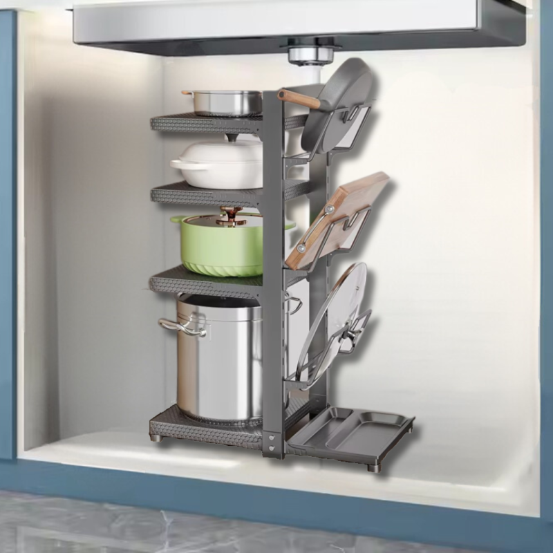 Полиця-підставка для каструльна 4 полиці двостороння з трьома тримачами для кришок з вуглецевої сталі, сіра