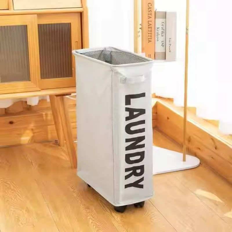 Кошик зі знімним мішком сіткою для білизни, складний на колесах, бежевий