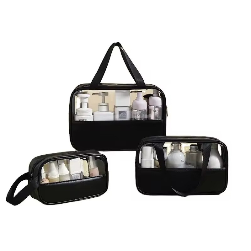 Набір косметичок жіночих 3 шт, для душу, чорні, прозорі