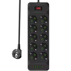 Мережевий фільтр подовжувач 2 м на 10 євро-розеток, 4 USB + 2 Tupe-C, 3000Вт із заземленням і вимикачем, чорний