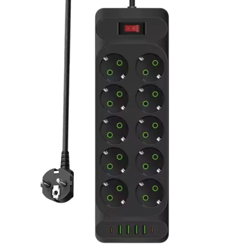 Мережевий фільтр подовжувач 2 м на 10 євро-розеток, 4 USB + 2 Tupe-C, 3000Вт із заземленням і вимикачем, чорний