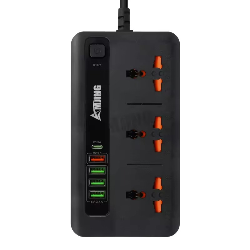 Мережевий фільтр BKL-04 10А 250V +1 PD20W+1 PD20W+ 1 QC3.0+ 3 USB зі швидкою зарядкою на 3 розетки, чорний