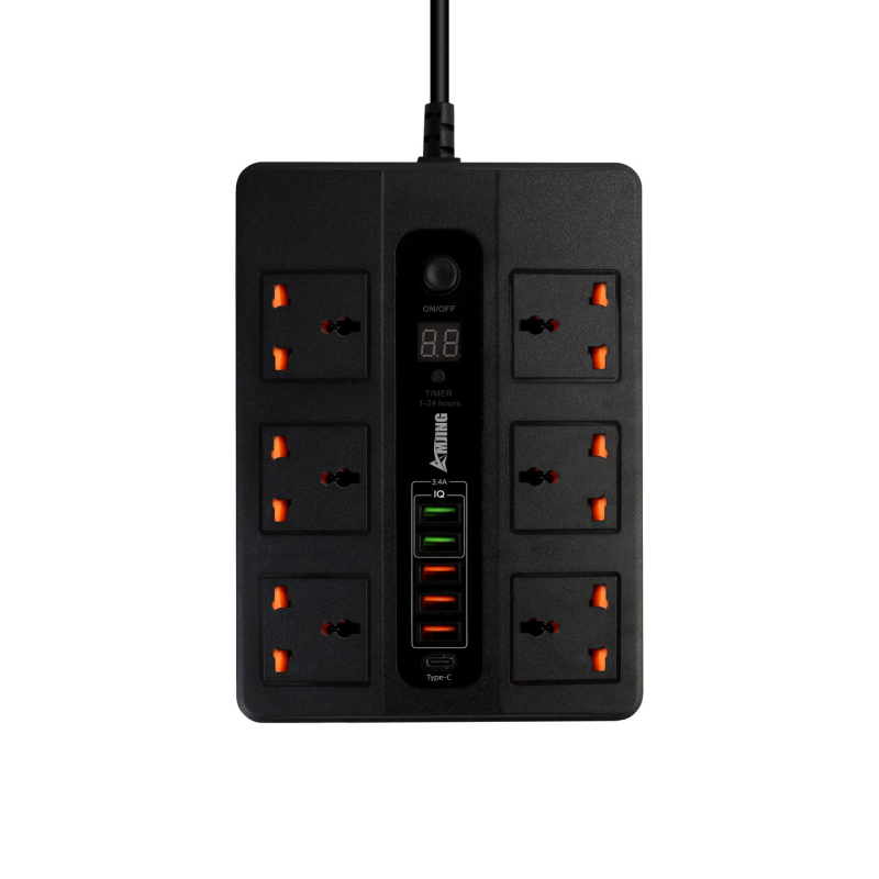 Мережевий фільтр BKL-11 з функцією таймера на 6 розеток 10А 250V + 1 PD20W + 1 QC3.0 + 4 USB, чорний