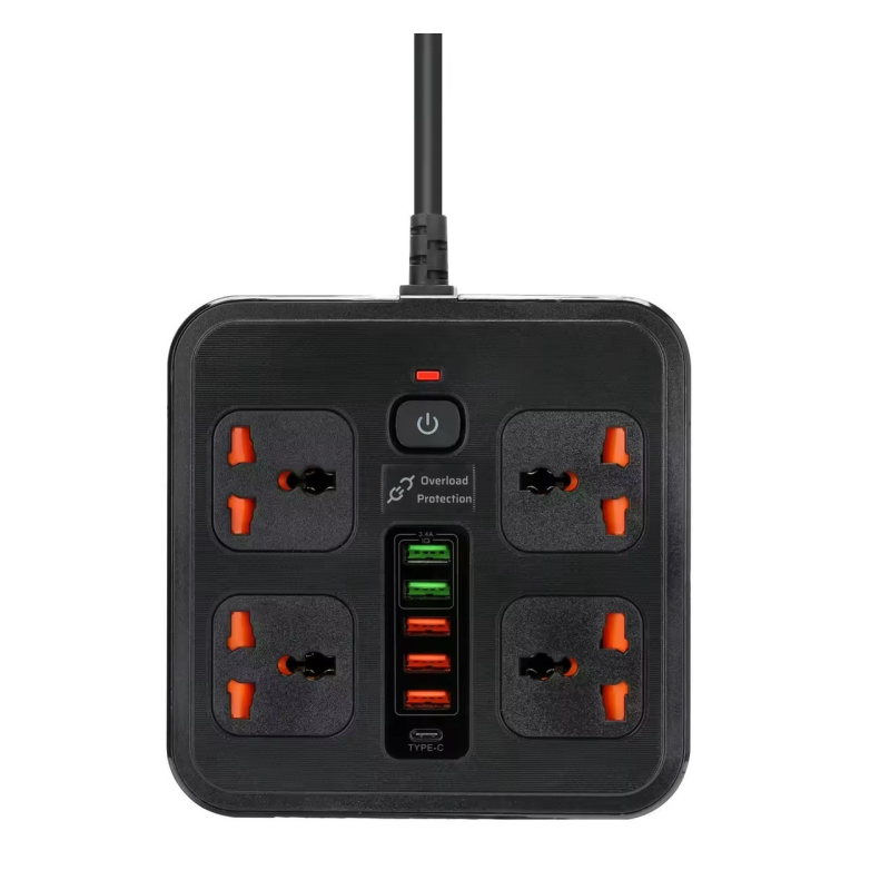 Мережевий фільтр BKL-666 1 QC3.0 + 1 PD20W + 5 USB, 100-250V, 10А, 4 розетки, чорний