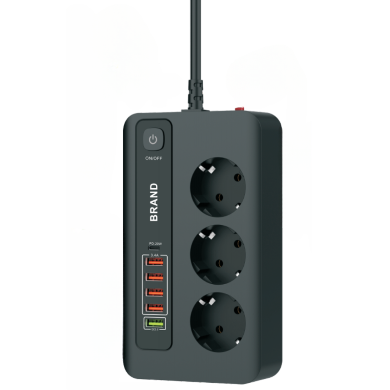 Мережевий фільтр BKL-04 1QC3.0 + 1 PD20W + 4 USB, 100-250V, 10А, 3 розетки, чорний