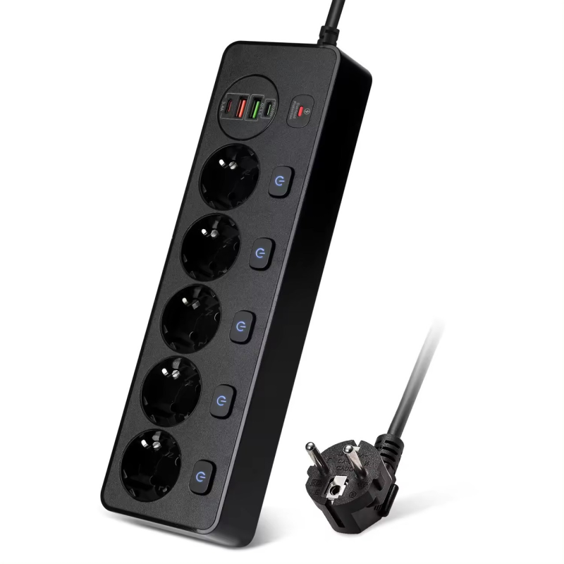 Мережевий фільтр BKL-505 1 QC3.0 + 1 PD20W + 1 Type-C + 1 USB, 100-250V, 13А, 5 розеток, чорний