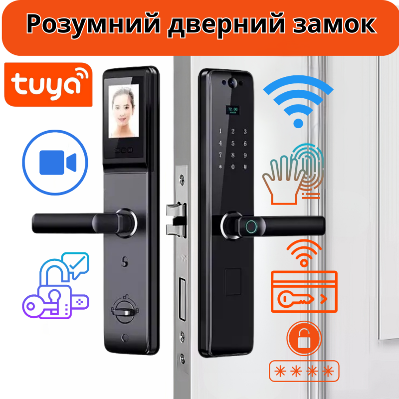 Розумний дверний замок з камерою, кодовий замком Wi-Fi з відбитком пальця і ключ-картою, чорний
