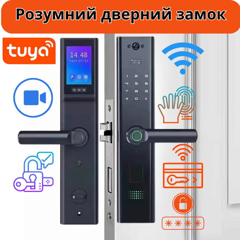 Розумний дверний замок з камерою, кодовим замком Wi-Fi з відбитком пальця і ключ-картою, алюмінієвий сплав