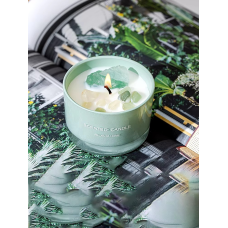 Свічка ароматична “Фруктова спокуса“ у скляній чаші з декором з кварцових каменів у зеленому кольорі